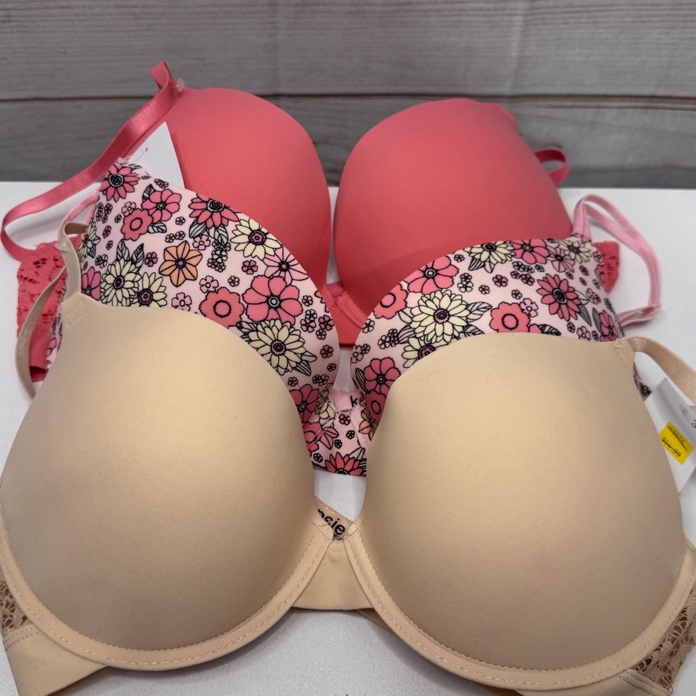 Kensie Womens 3 Pack Push Up Bras 38C Beige Pink Floral 3PKBRA956 NEW